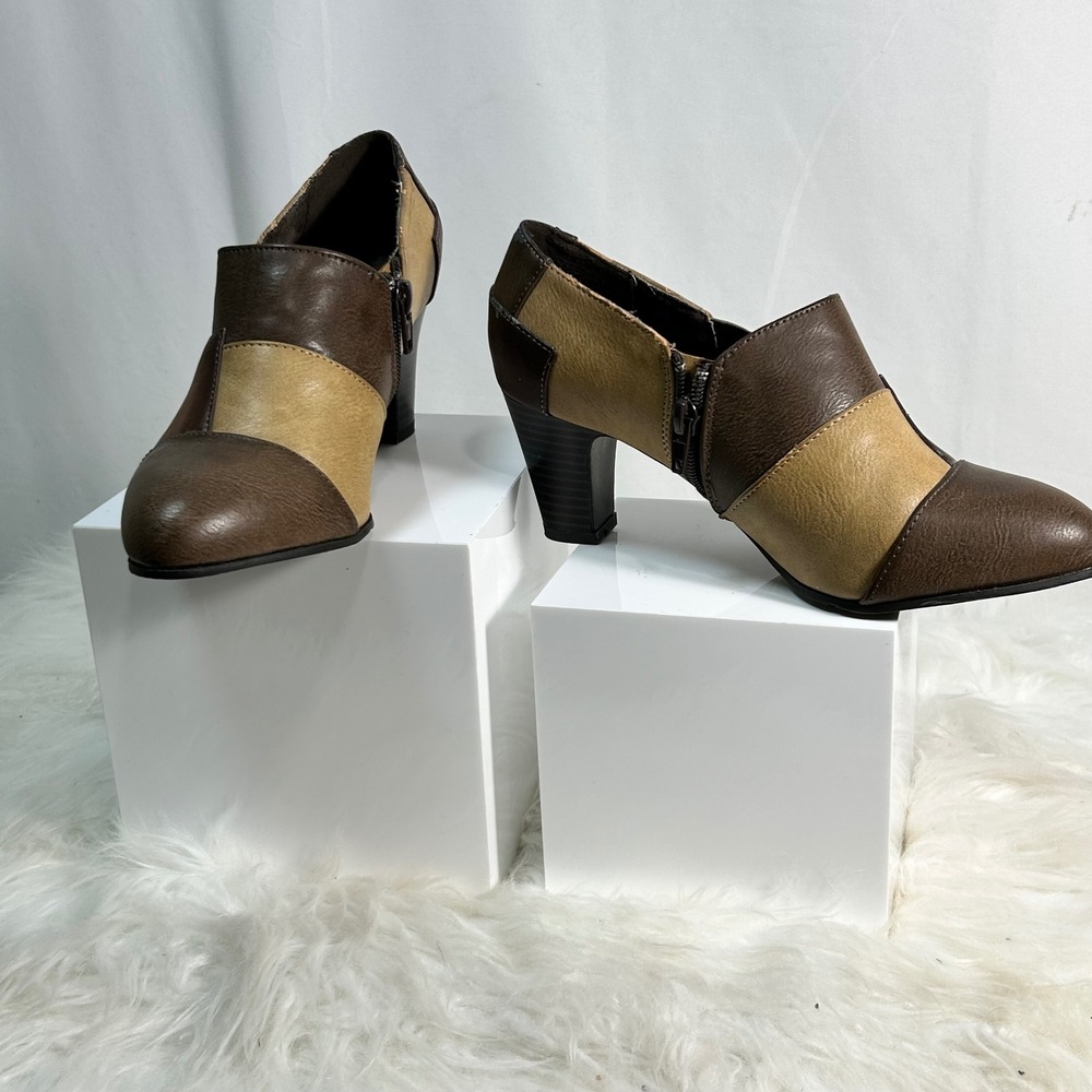 New York Transit Women's Block Heel Ankle Booties Patchwork Brown Tan Size‎ 6M